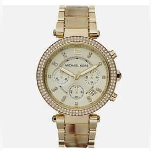 MICHAEL KORS MK5632 PARKER GOLD TONE STEEL ACRYLIC HORN BAND CRYSTAL WATCH ⌚️⏱️
